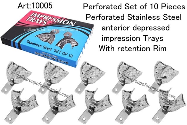 Perforated Set of 10 Pieces anterior depressed impression trays with retention Rim