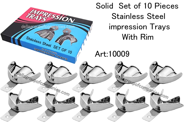Solid  Set of 10 Pieces Anterior depressed Stainless Steel impression trays with retention Rim